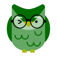 Ilustação de uma coruja verde. Ela usa óculos e está piscando o olho direito.